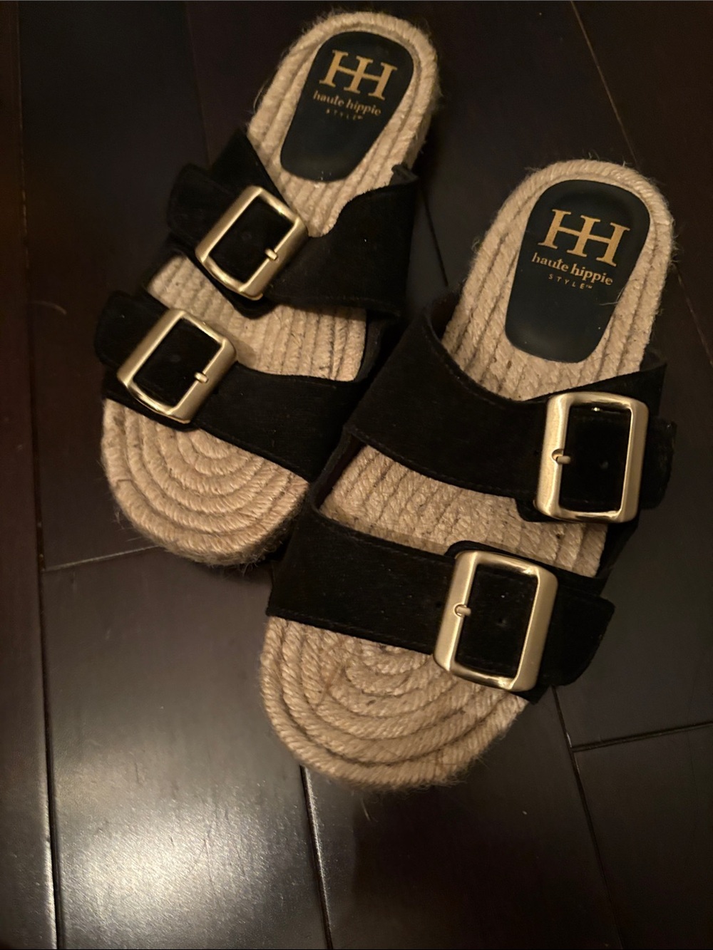 Haute Hippie Black Suede Double Buckle Sandals with Jute Footbed